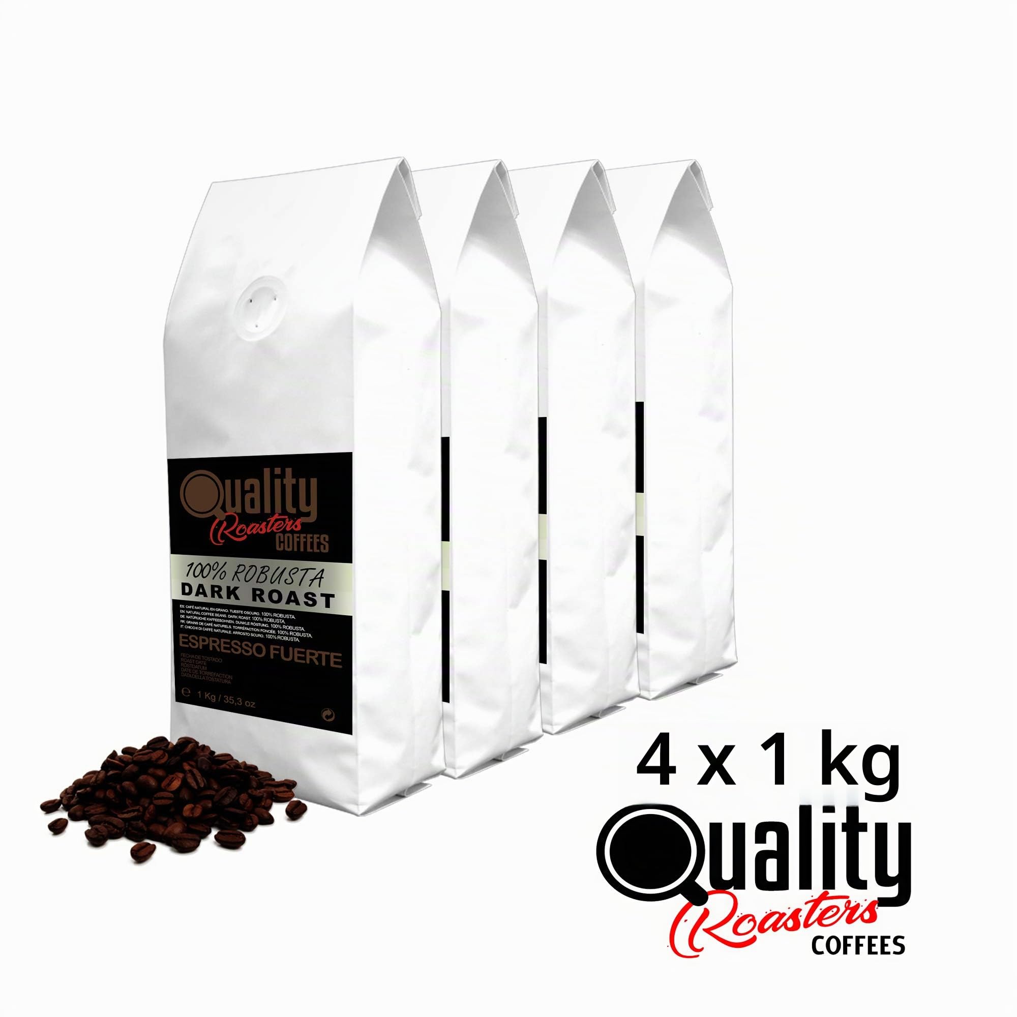 Café en grano natural "Espresso Fuerte". Dark Roast. 100% Robusta. Tostado artesanal. Tueste Oscuro. (4 Kg)