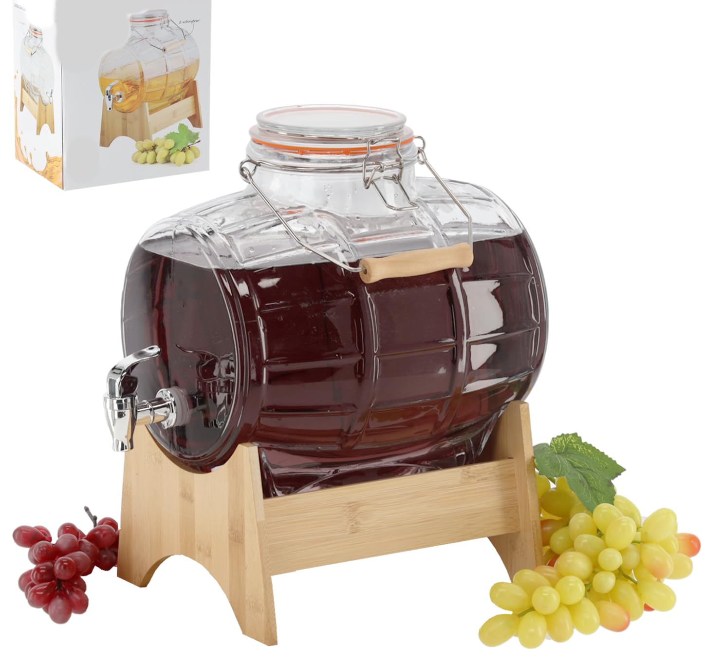 Fässchen mit Holzständer Weinfass Fass Mit Hahn Schnapsfass Whiskyfass Karaffe Getränkespender aus Glas Spender mit Holzuntersatz, Alkoholspender Glasfass mit Zapfhahn (8L)