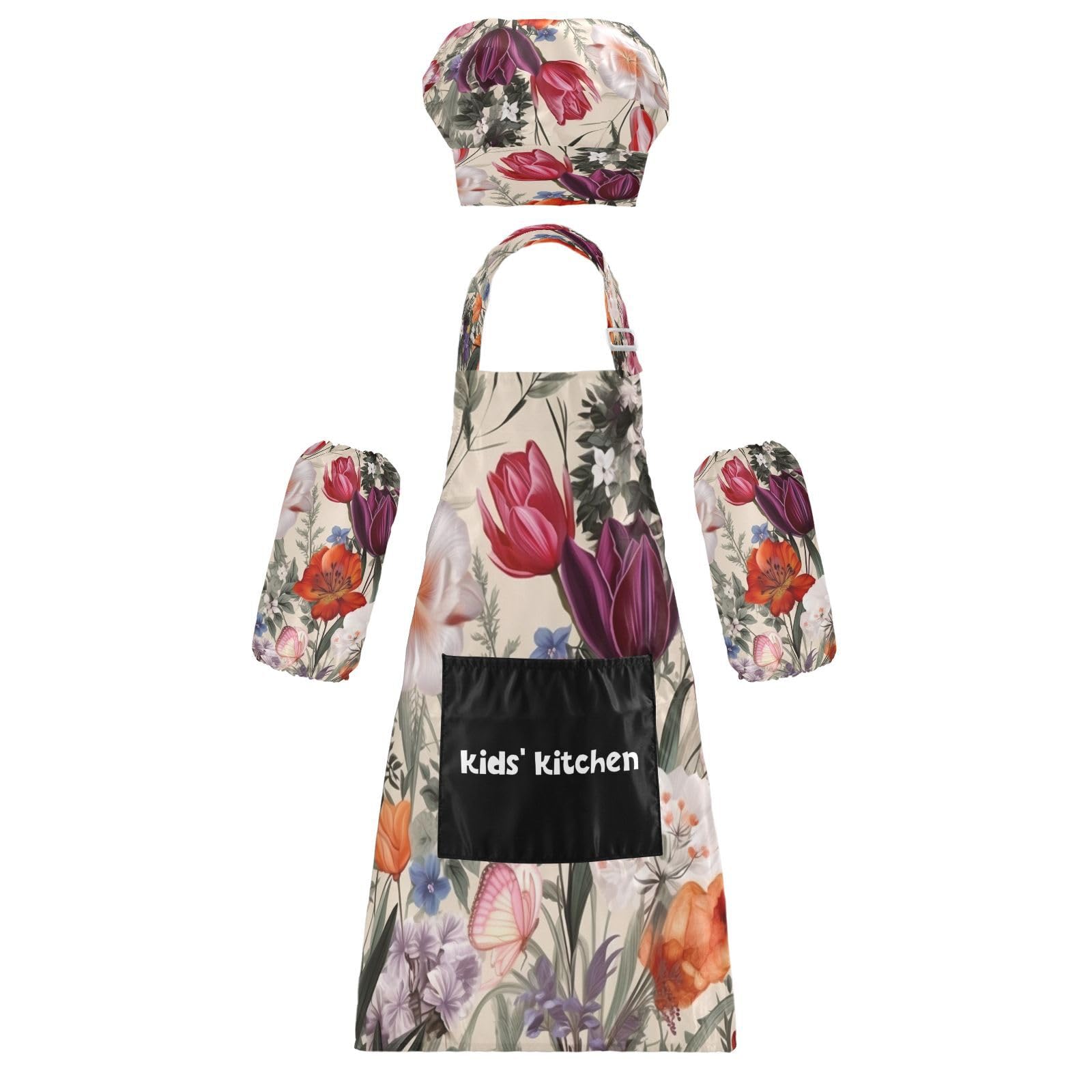 Bulletgxll Beautiful Floral Kids Apron and Chef Hat Set Adjustable Bib Aprons with Pockets for Cooking Baking Painting