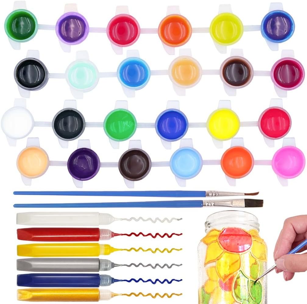 Glass Paint 34-Kit: 24 Color Acrylic Enamel 6-Liner 4-Brush