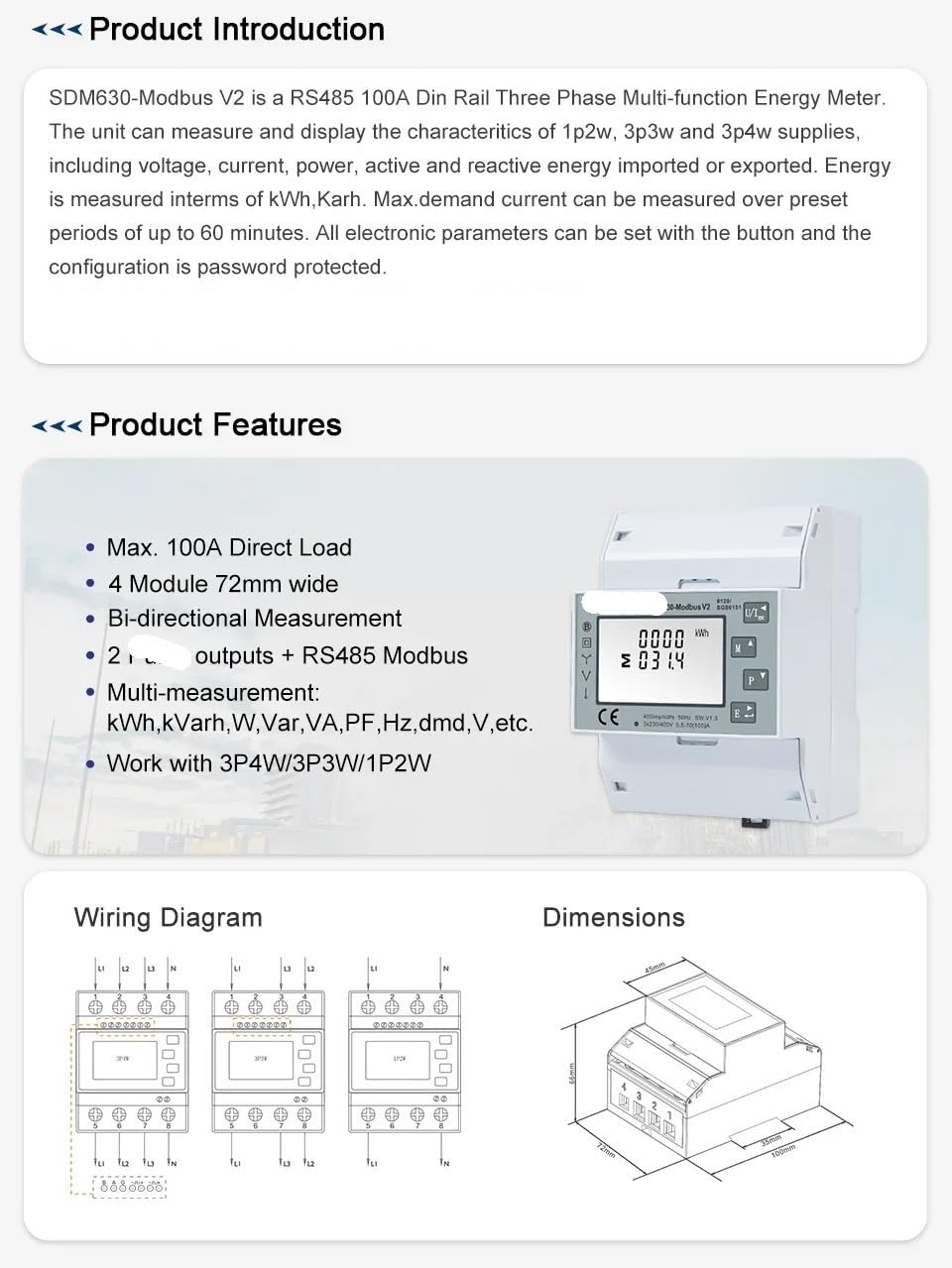 SDM630 Modbus V2, MID, Multi-Function Power Analyser, Modbus Output Port RS485, Din Rail Three Phase Energy Meter