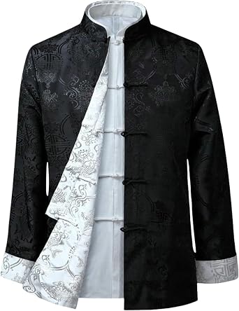 Mens Spring Autumn Thin Chinese Style Ethnic Reversible Silk Stand Collar Frog Button Tang Suit Jacket Top
