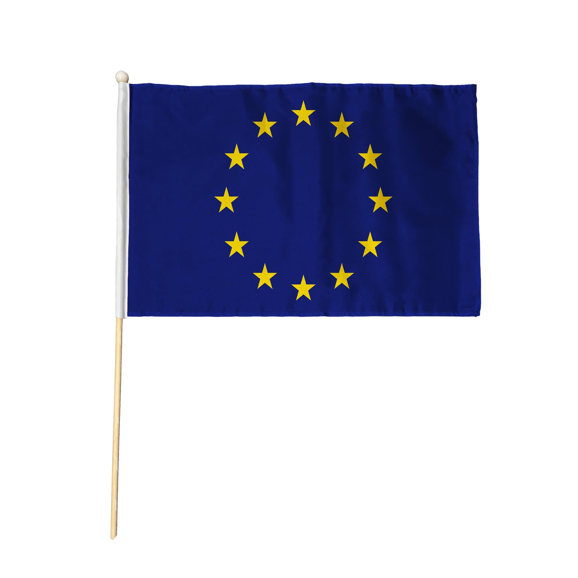 Flagtex European Union EU Pack of 2 Hand Waving Flag (18x12 Inch Large) - Premium Wooden Stick Hand Flag Big Size Natural Wood Pole Europe 12 Gold Stars Blue Flag Events Parades