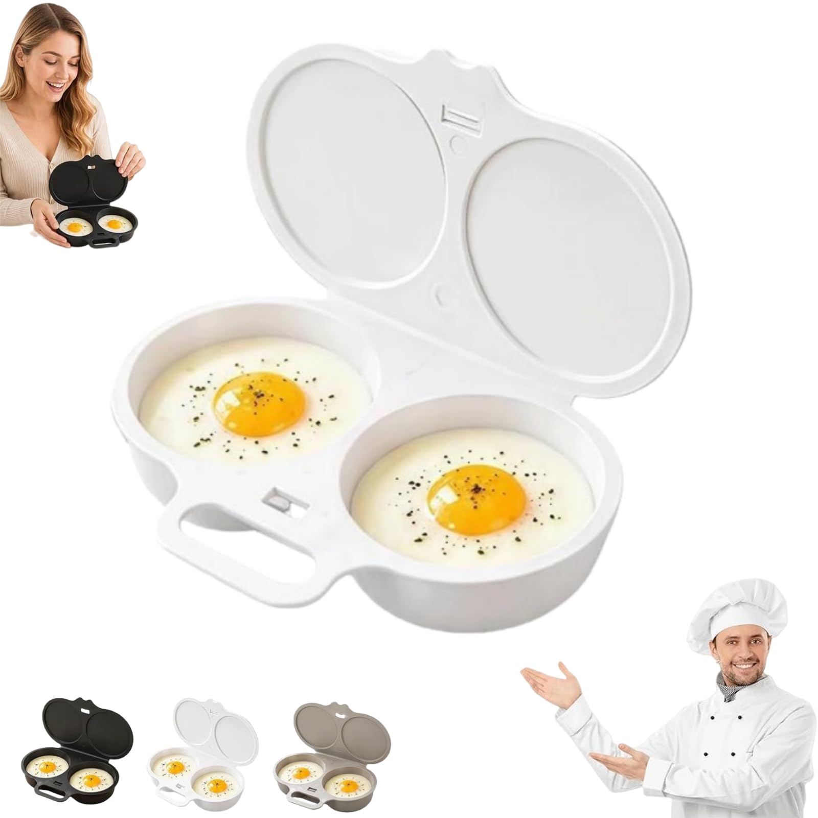 Dual Cavity Microwave Egg Poacher with Lid & Handle (White)