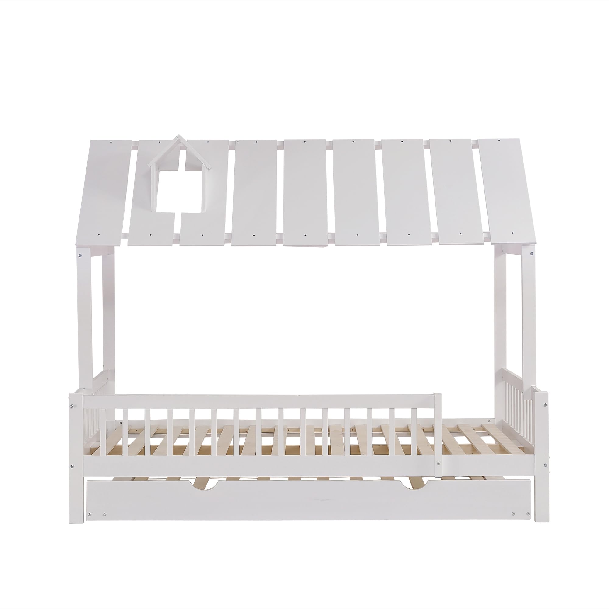 LAKFEW Cama Casita Cama Infantil 120x200 cm con Cama Nido, Camas Montessori Infantil con Techo y Barandilla de Seguridad, Camas Infantiles para 2 Niños, Blanco, Sin Colchón