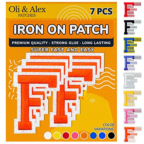 Oli and Alex Iron On Letters 2.4 inch - 7 pcs of F Orange Patches Letters for Clothing - Super Glue - No sew Needed - Embroidery Football Team School University - Orange, F