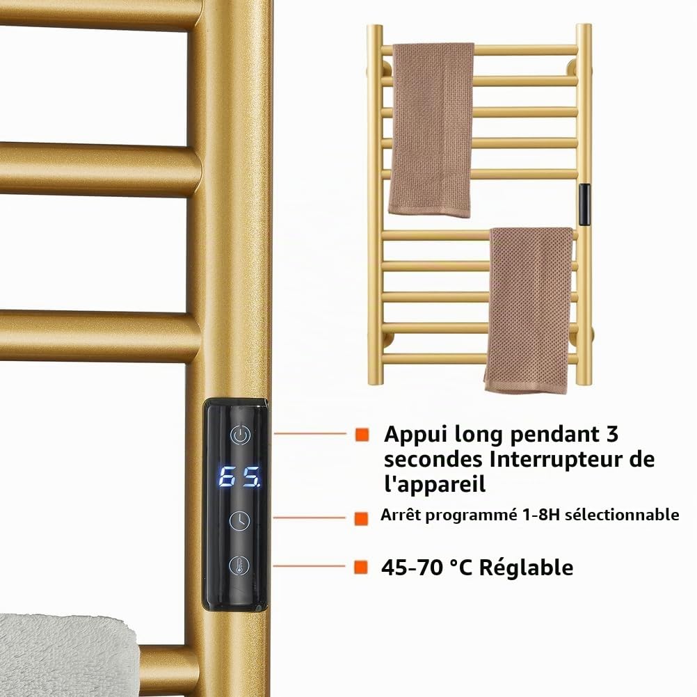 Sèche-Serviettes Radiateur Doré Accessoires De Salle De Bain, Minuterie Intégrée Contrôle De La Température 10 Bars Porte-Serviettes Chauffants Électriques, Plug-in/Hard-Wiring