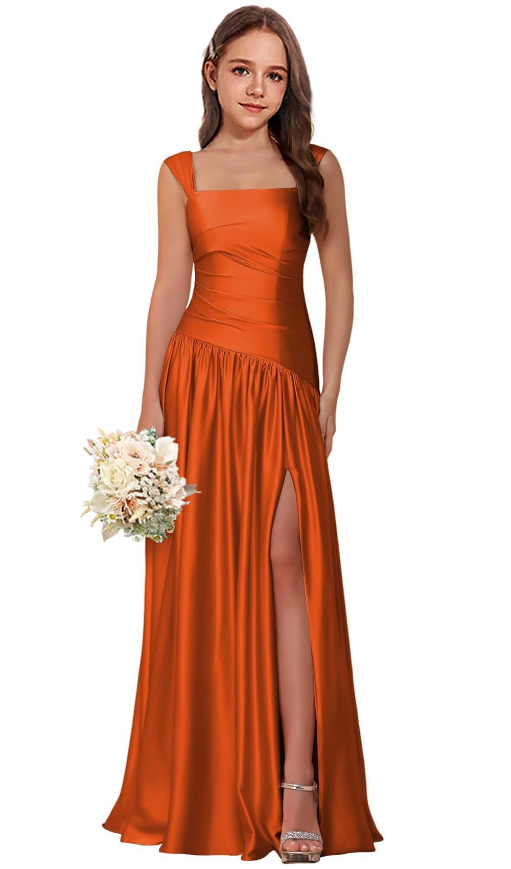Square Neck Junior Bridesmaid Dress Asymmetrical Drop Waist Flower Girl Dresses with Pleated A Line Formal Gown