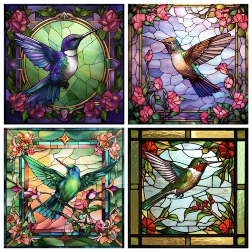 4 Stained Glass Anti-Collision Hummingbird Window Clings Decals - Removable Non Adhesive Vinyl Decals