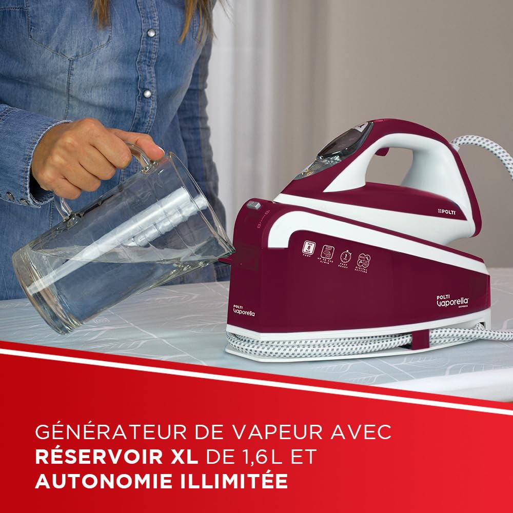 Polti Vaporella Express VE30.40 Fer à repasser à générateur de vapeur, Pression 8 bars, 2 100 W, fonction Eco, technologie « One Temperature », commandes numériques, bordeaux et blanc