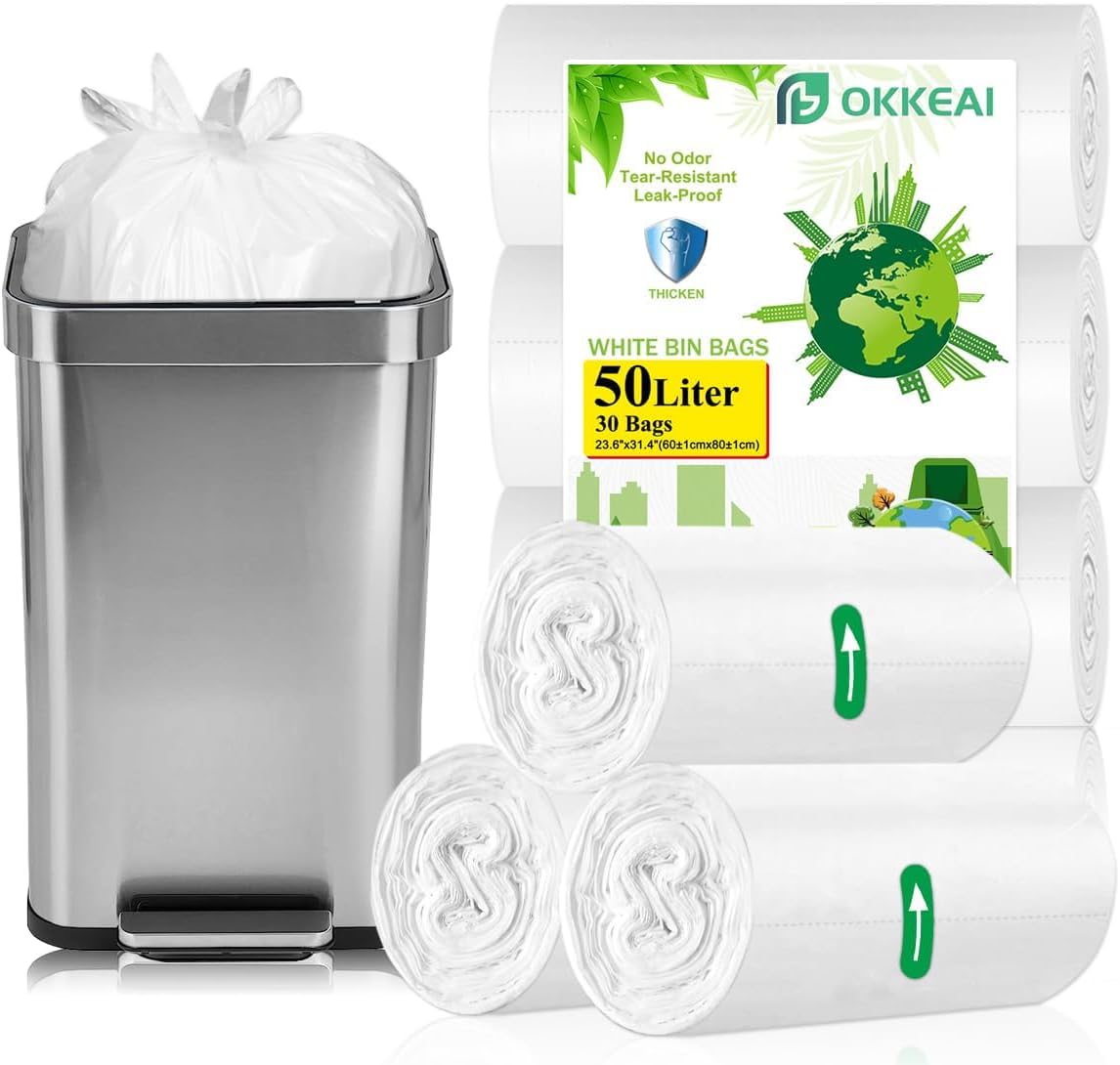OKKEAI Kitchen Bin Bags 50l Bin Liners White Swing Pedal Waste Bags