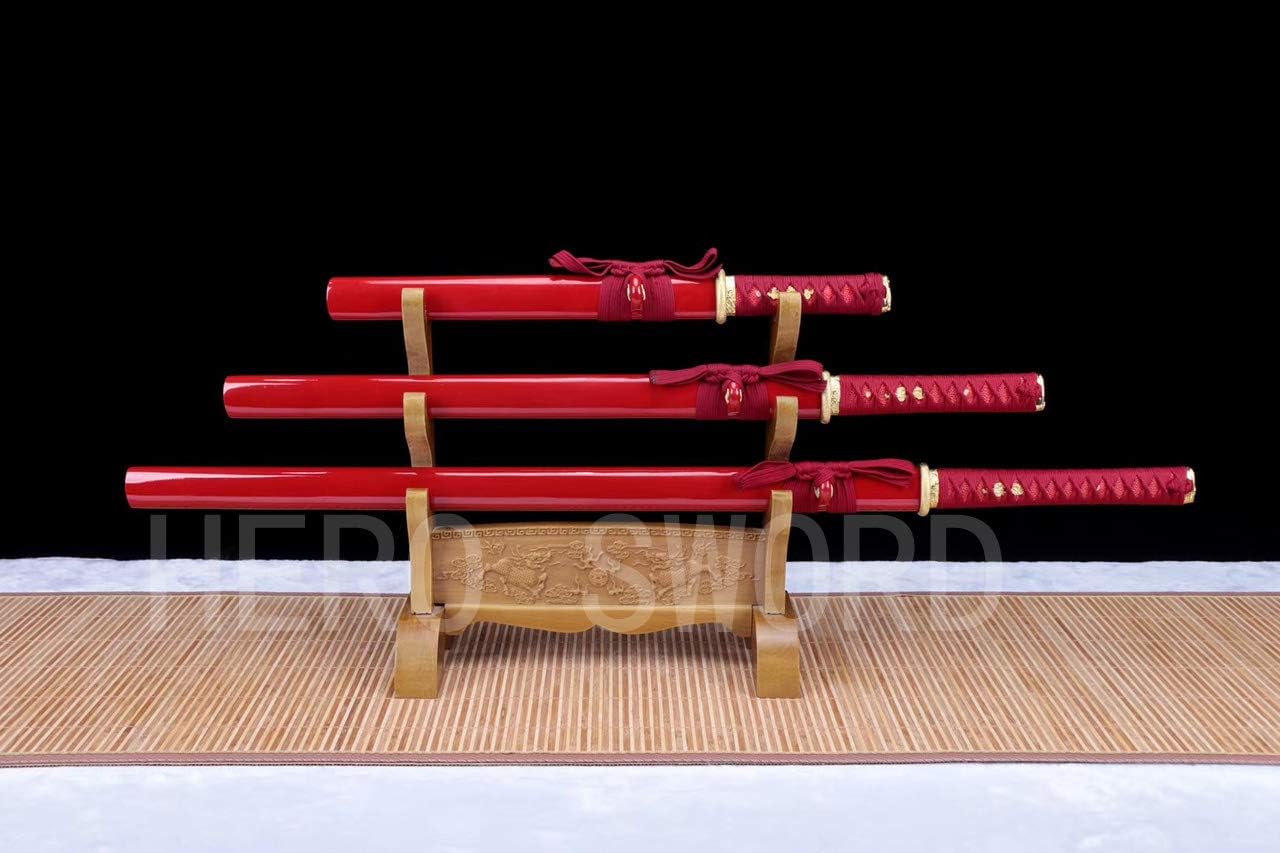 HIGH Carbon Steel Ninjato RED Japanese Samurai Sword Set(Katana + WAKIZASHI + Tanto) Straight Blade