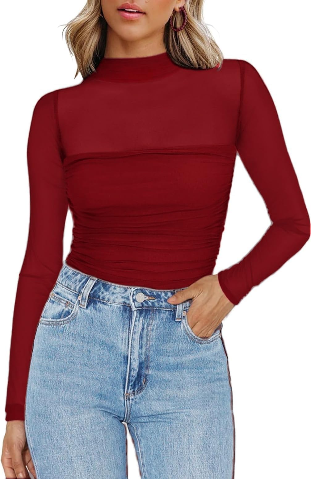 Zeagoo Mesh Oberteil Damen Transparentes Tshirt Rundhal Netz Shirt Langarm Sexy Party Tops Slim Fit Langarmshirt Clubwear
