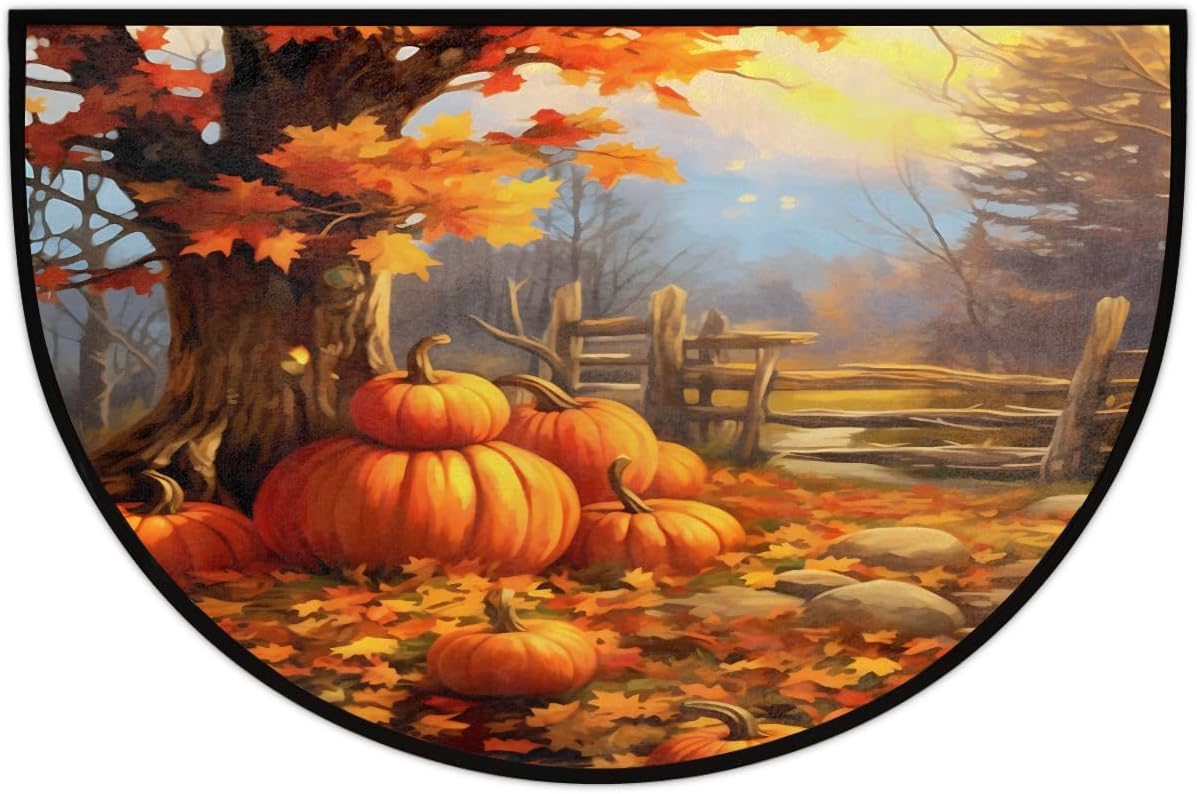 Half Round Door Mat Fall Maple Leaf Pumpkin Half Moon Rug Washable Half Circle Area Rugs Indoor Entrance Non Slip Semi Circle Bathroom Rugs Floor Carpet for Kithen Bedroom Fireplace Decor