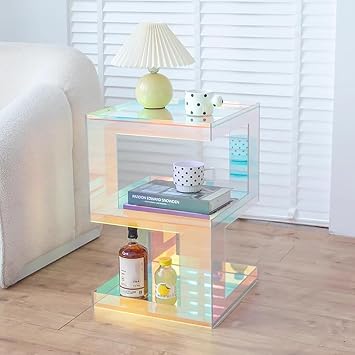 3 Tiers Acrylic Side Table, Modern Transparent Coffee Table, Rectangle Clear Nightstand with Storage Shelf, Multifunctional Lucite End Table, for Living Room Decor/Bedroom,Iridescent