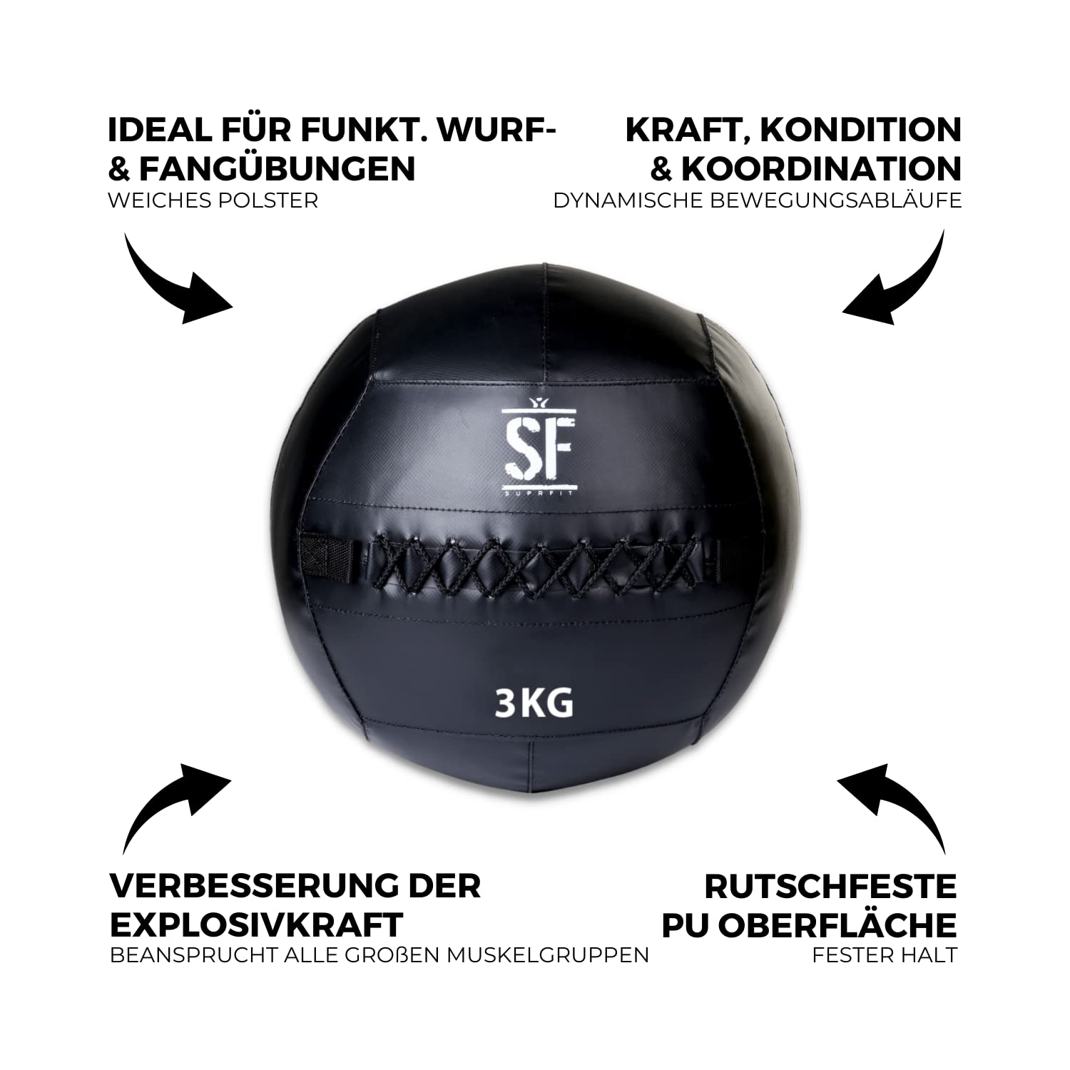 SUPRFIT – Medizinball für Cross- & Functional Training – Wall Ball mit weichem Polster & griffiger PVC-Oberfläche – Gewichtsball zum Training von Explosivkraft, Kondition & Koordination