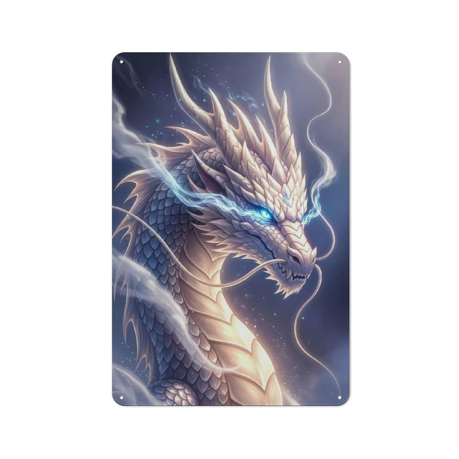 Junmoney Style-3 Modern Vintage White Dragon With Blue Eyes Office Metal Sign 30X20cm, Creative Space Decor For Home Office, Reading Corner Or Bedroom
