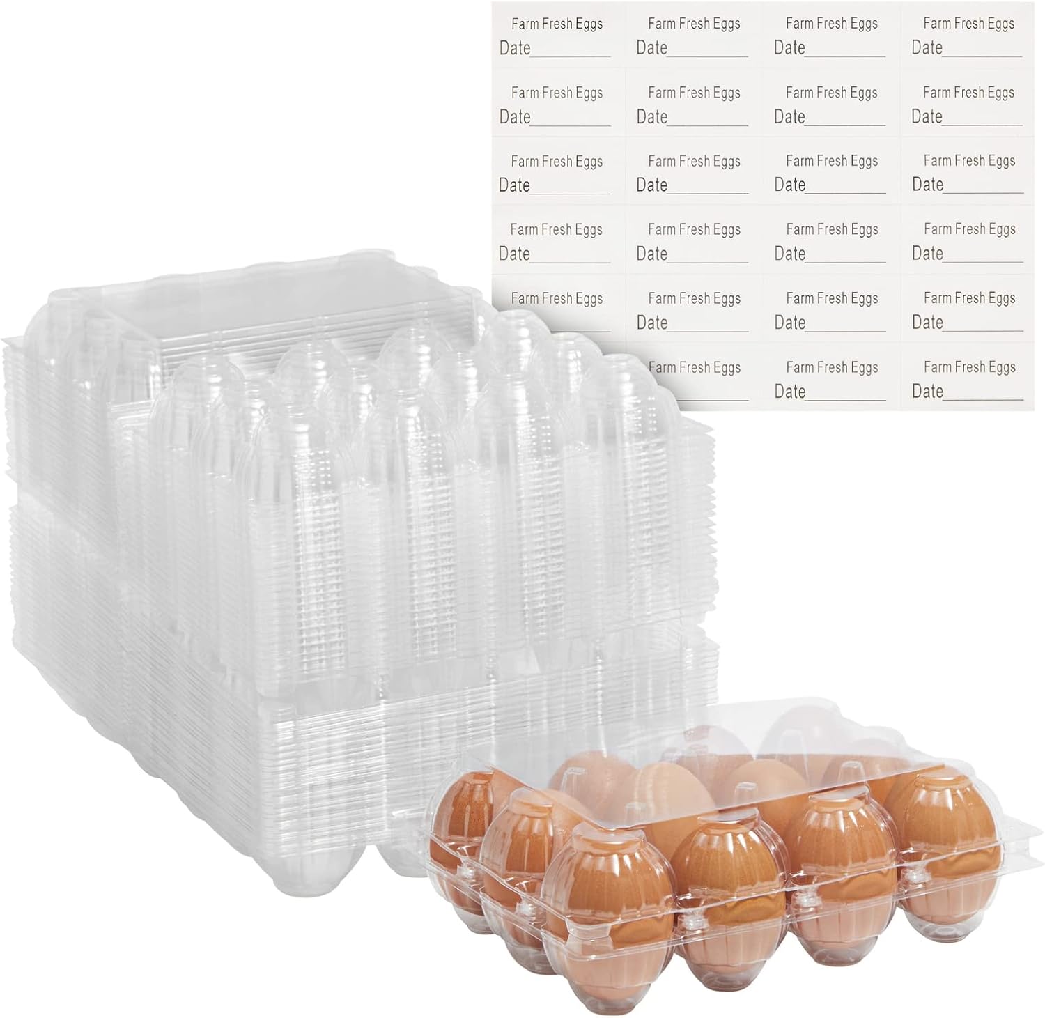 48Pack Plastic Egg Cartons, Holds 1 Dozen with Date Labels Included, Bulk Pack of Reusable Egg