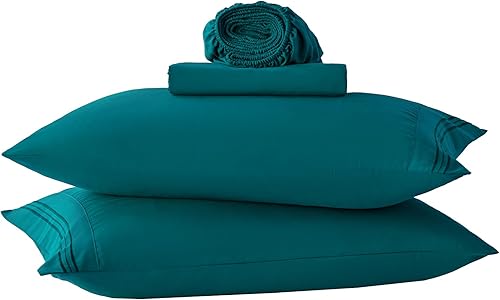 Juego de sábanas de tamaño matrimonial color verde azulado, juego de sábanas bajeras y fundas de almohada, 4 piezas de microfibra suave y