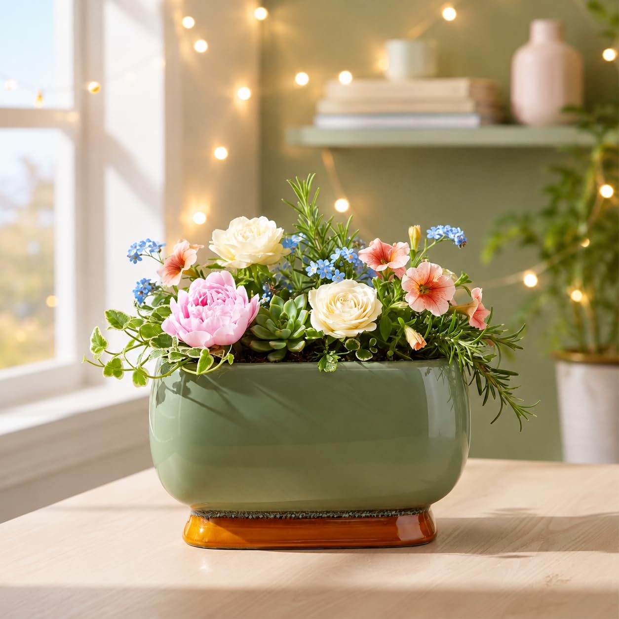 Xtore® Refined Glazed Ceramic Bonsai Planter Pot for Indoor & Tabletop Décor | Wide Low Profile with Drainage Hole | Turquoise Green Finish (Pack of 1, Planter Only)-image-43