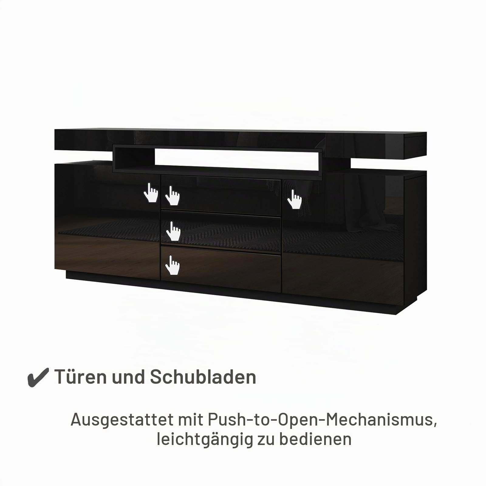 Schwarz Sideboard mit Led Lights, Sideboard 160cm mit 2 Türen 3 Schubladen