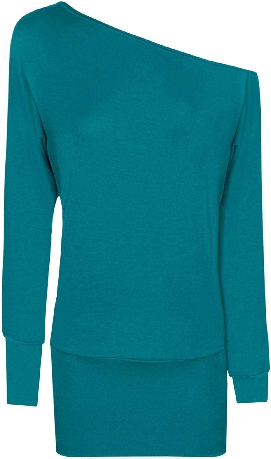 Fairy Trendz Ltd Women's Teal Long Sleeve One Off Shoulder Plain Baggy Batwing Top Party Wear Shirt ( Uk 20-22)