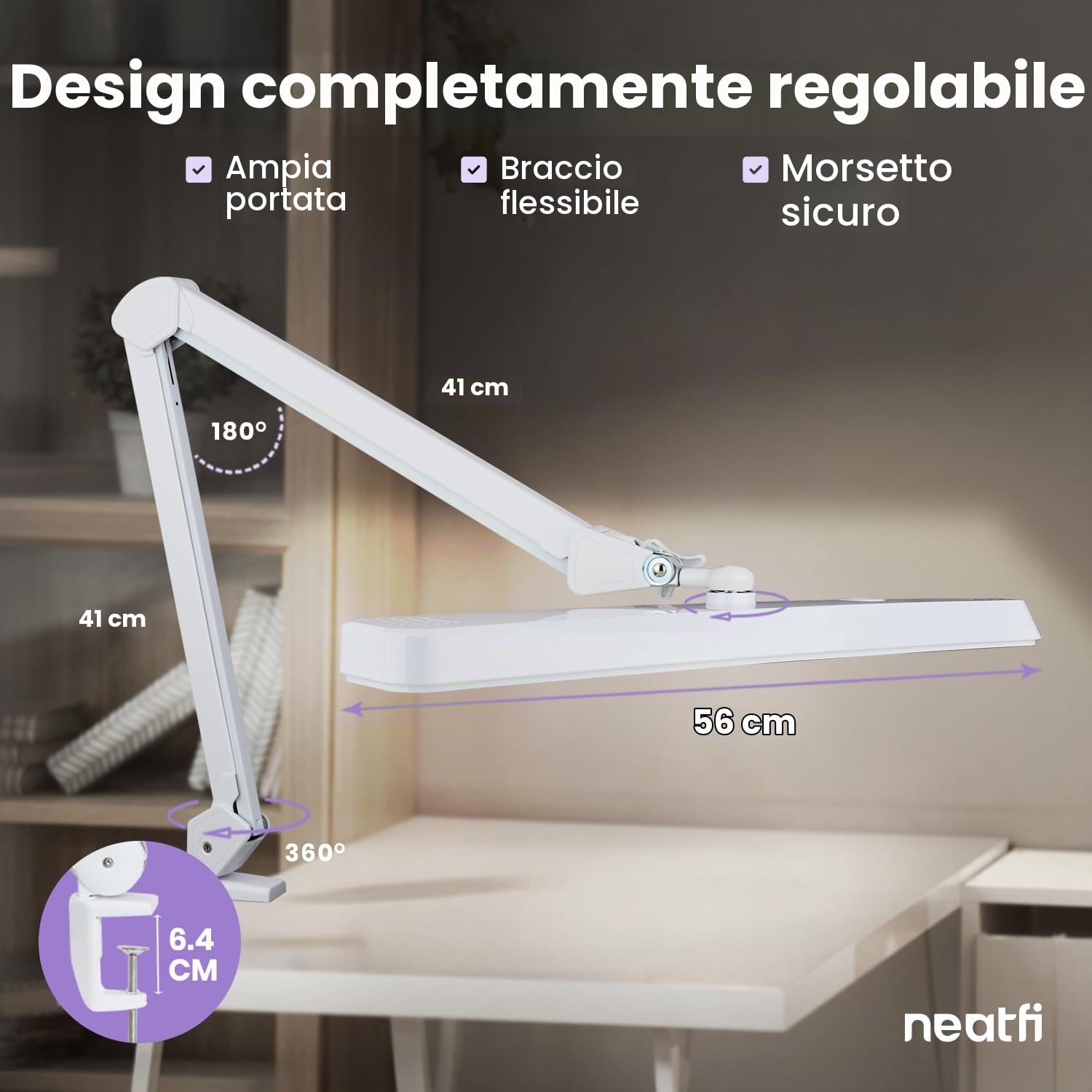Neatfi XL Lampada da Scrivania LED – Testa da 56 cm | 324 LED SMD | 5 Modalità di Luce | Dimmerabile | Braccio Regolabile con Morsetto | Luce da Tavolo per Casa e Ufficio (Bianco, CCT con morsetto)