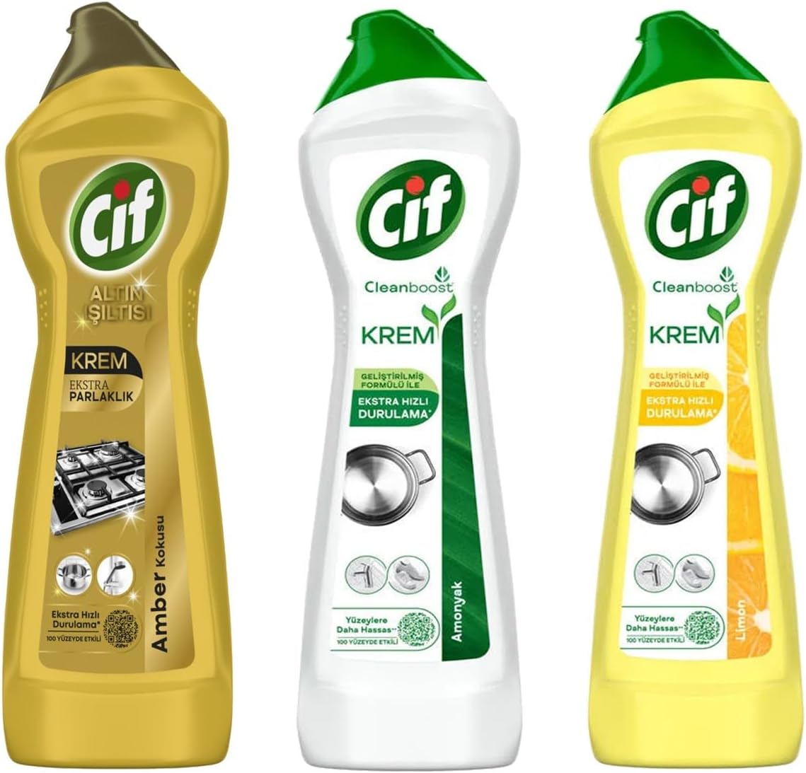 Cif Krem Temizleyici Set, Gold-Amonyak-Limon, 3'lü Karma Paket, 500ml, Ekstra Hızlı Durulama Özellikli, Yüzeylere Hassas