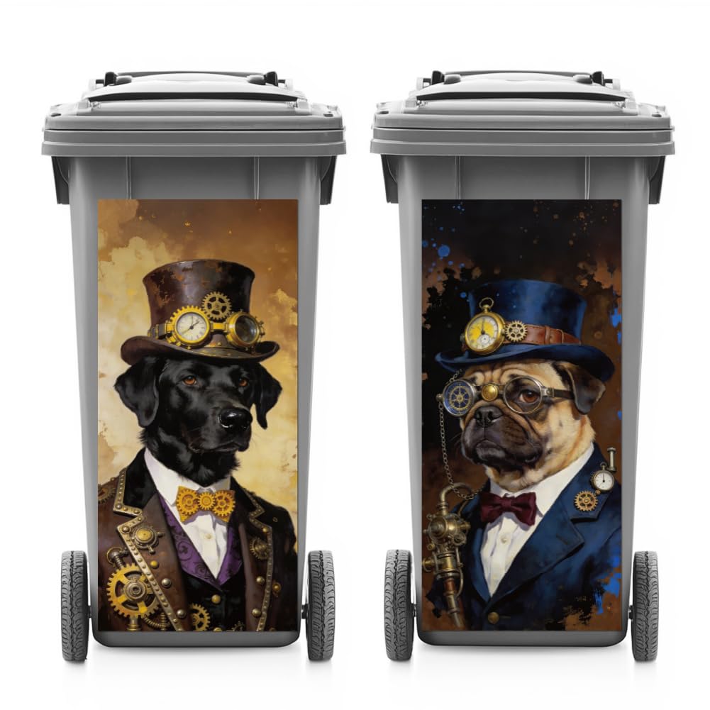 ANATTASOUL 2 Sheets Spring Wheelie Bin Stickers Steampunk and Dog Waterproof Dustbin Covers Decor, 14.9"x 32.2" Adhesive Large Decal for Bins, Fridge, Wall Outdoor, Indoor Decoration