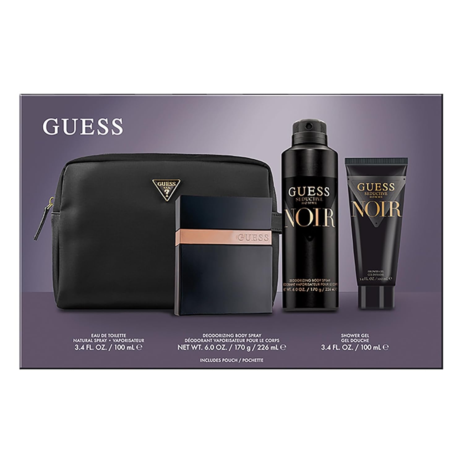 Guess Seductive Noir Men/Homme Eau de Toilette 4 Piece Gift Set - Cologne Spray 3.4 Fl. Oz., Deodorizing Body Spray 6.0 Oz., Shower Gel 3.4 Fl. Oz., & Pouch - Image 4