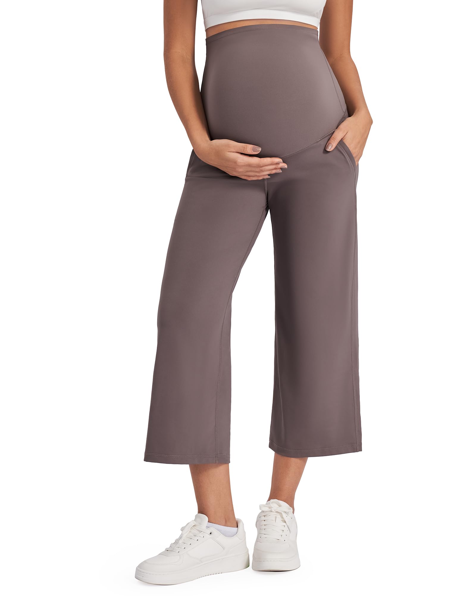 Photo 1 of G4Free Maternity Dress Pants Wide Leg Cropped Pregnancy Summer Capris Over The Belly Soft Pregnant Activewear(Taupe,XL,Petite)
