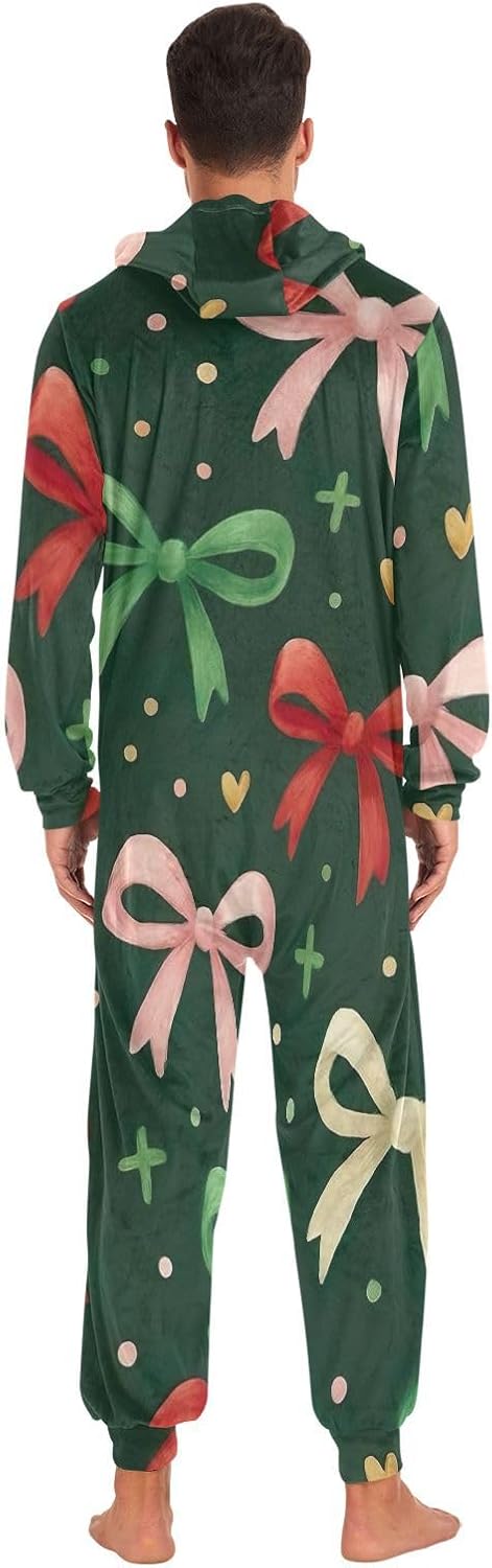 GAIREG Red Green Christmas Bows Adult Womens Hooded One-Piece Pajamas, Zipper Onesie Adult Christmas Pajamas