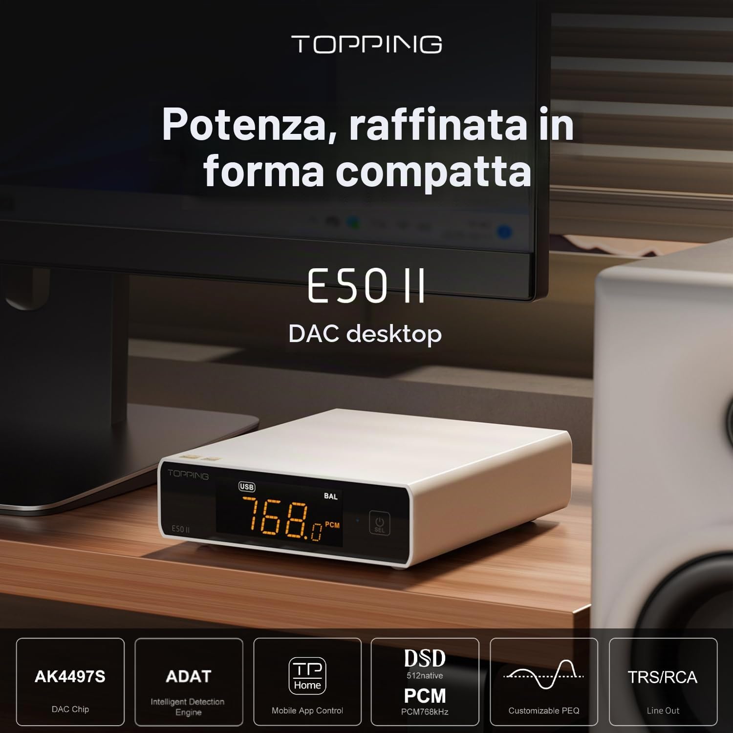 TOPPING E50 II DAC da tavolo con preamp, ingressi USB/Ottico/Coassiale/Bluetooth, convertitore audio digitale-analogico AK4497S, PEQ a 10 bande, uscita TRS/RCA, decoder HiFi con controllo APP, Nero