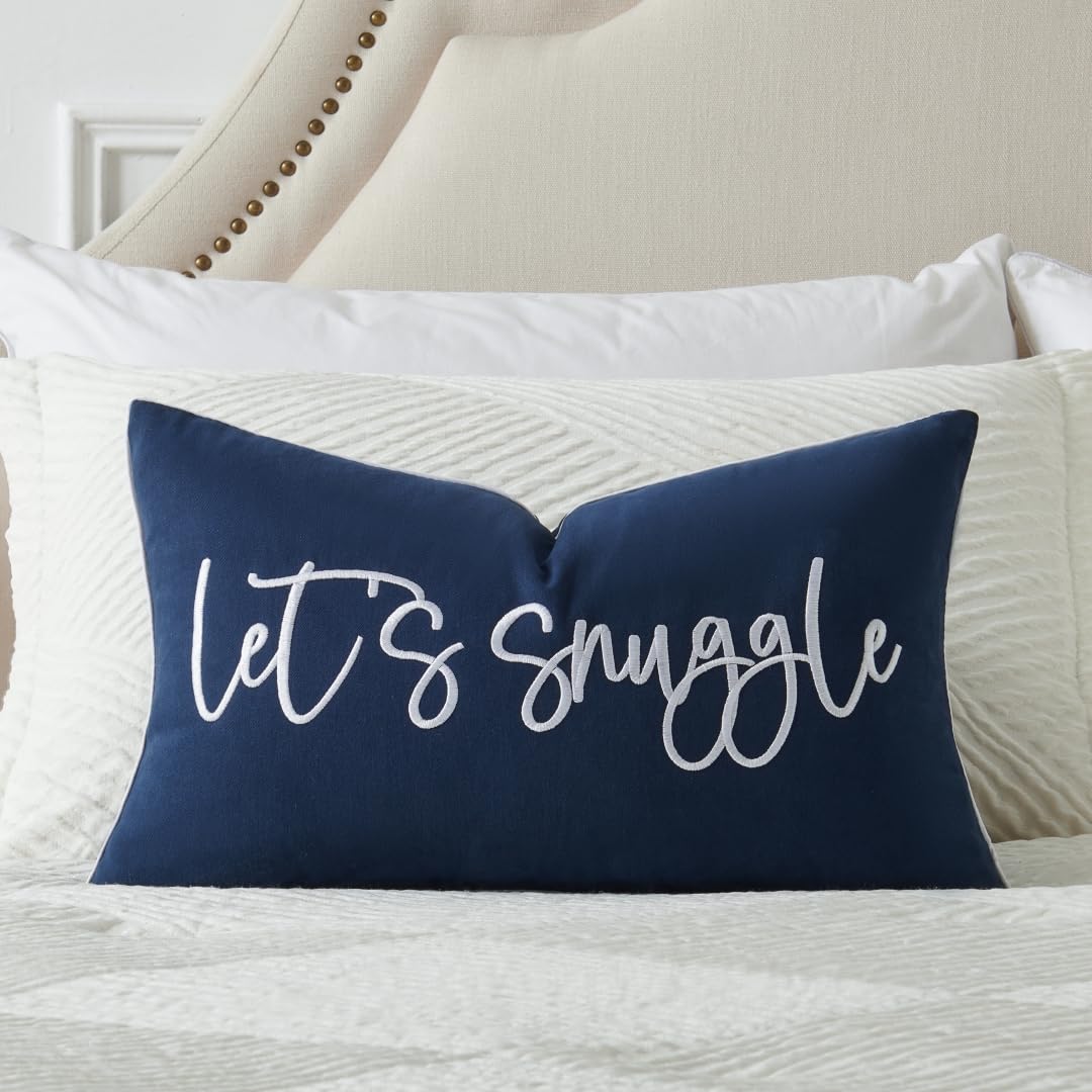 Sunkifover Let's Snuggle Decorative Lumbar Pillow Cover - 14x24 Inch Blue and White Cotton Embroidery Throw Pillowcase for Bed, Bedroom, Living Room,