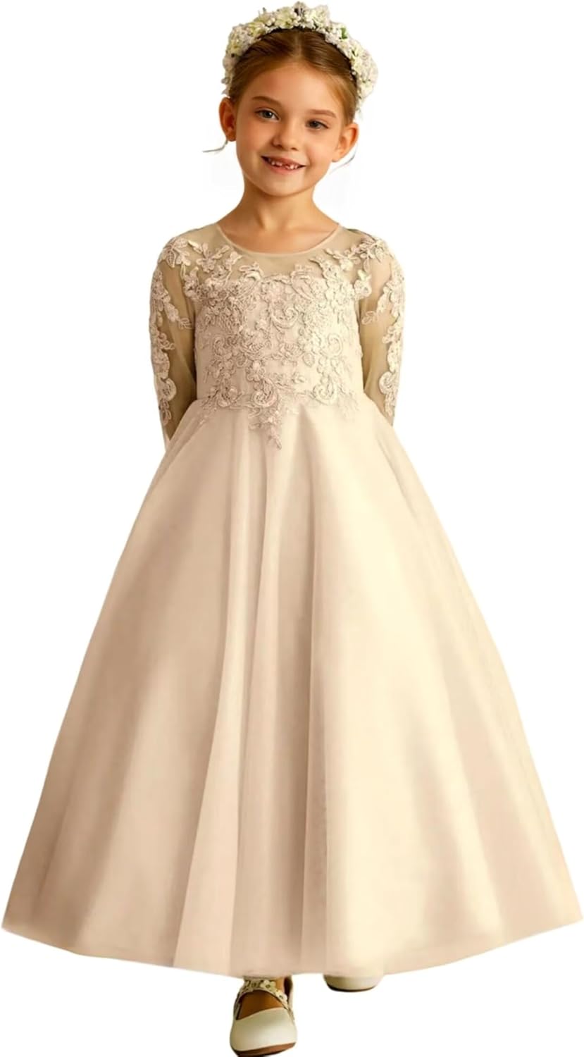 Lace Tulle Flower Girl Dresses for Wedding Long Sleeves