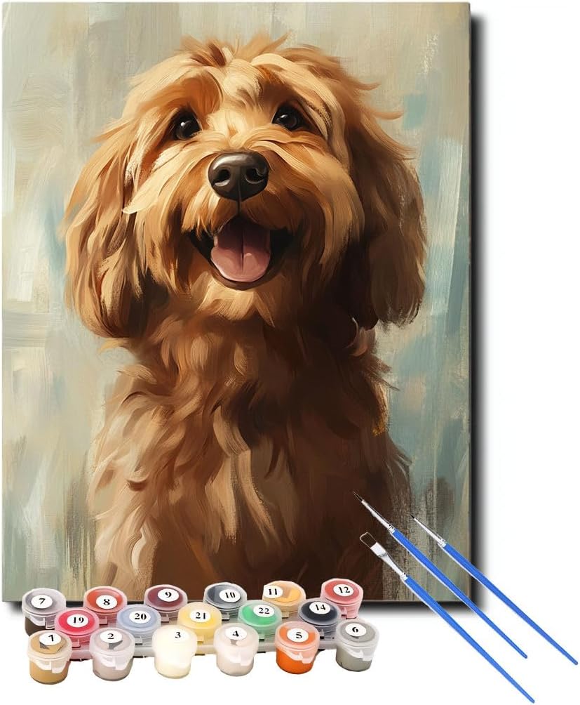 Goldendoodle Dog Paint by Numbers Kit for Adults Beginner, Cute Dog Adult Paint by Number Kits on Canvas, DIY Acrylic Watercolor Oil Paint by Number for Adults for Home Decor Gift 16"W x 20"L