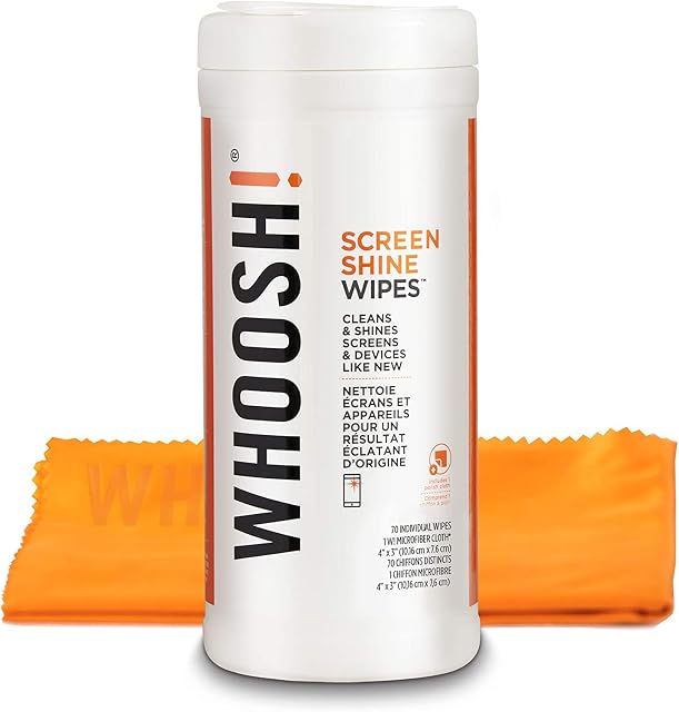 WHOOSH! Electronic Wipes,Screen Cleaner Wipes - for All Screens and Tech Devices ;Smartphones, iPads, Eyeglasses, e-Readers, Touchscreen & TVs (70 Count) + Big Microfiber Cloth
