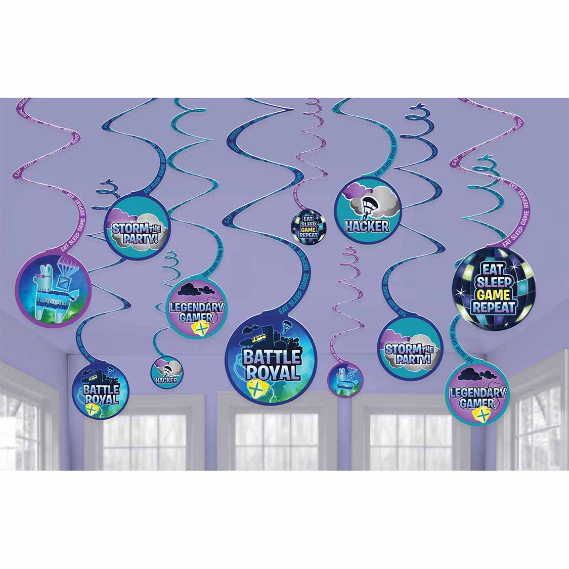 Amscan 9912581 - Kids Battle Royal Gamers Birthday Hanging Swirls Party Decorations - 6 Pack, Blue