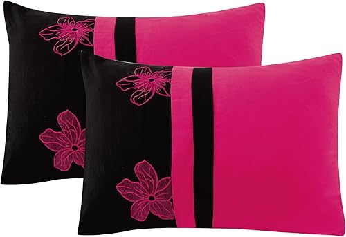 Miniatura 2 de Empire Home Fashion & Furtniture Juego de edredón bordado floral rosa y negro, juego completo de ropa de cama con juego de sábanas (matrimonial)