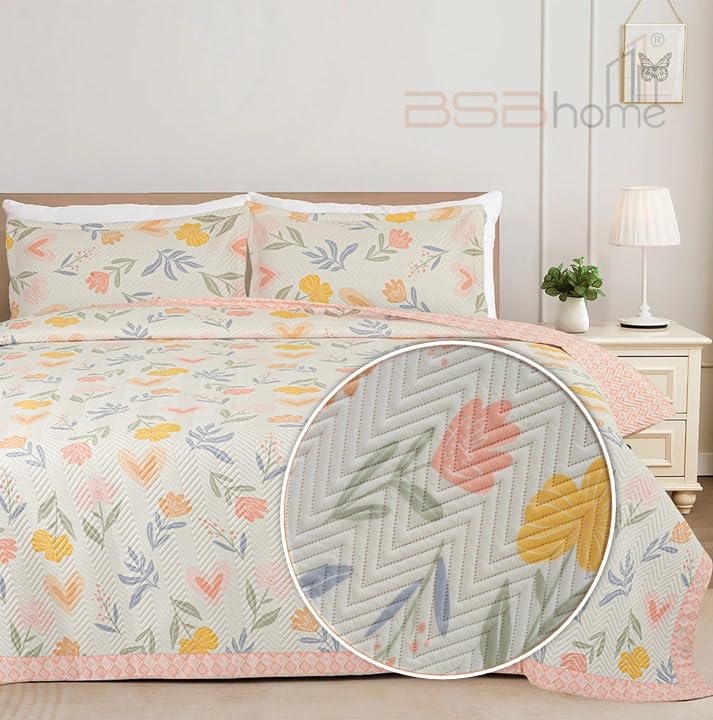 Image of Amazon Brand - Umi 100% Cotton Quilted /Ultrasonic 280 Tc Printed King Size Bed Cover /Bedsheet /Bedspread Comforter with 2 Pillow Shams /Cover, (Luxurious, 90 x100 inches, Pink & White)
