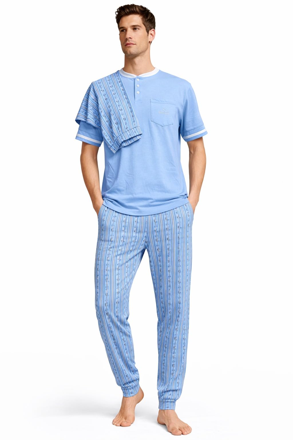 Men's 3 Piece Polycotton Pyjamas - Half Sleeve Top, Long Trousers and Shorts, Home Night Set, Various Colours and Sizes - 3