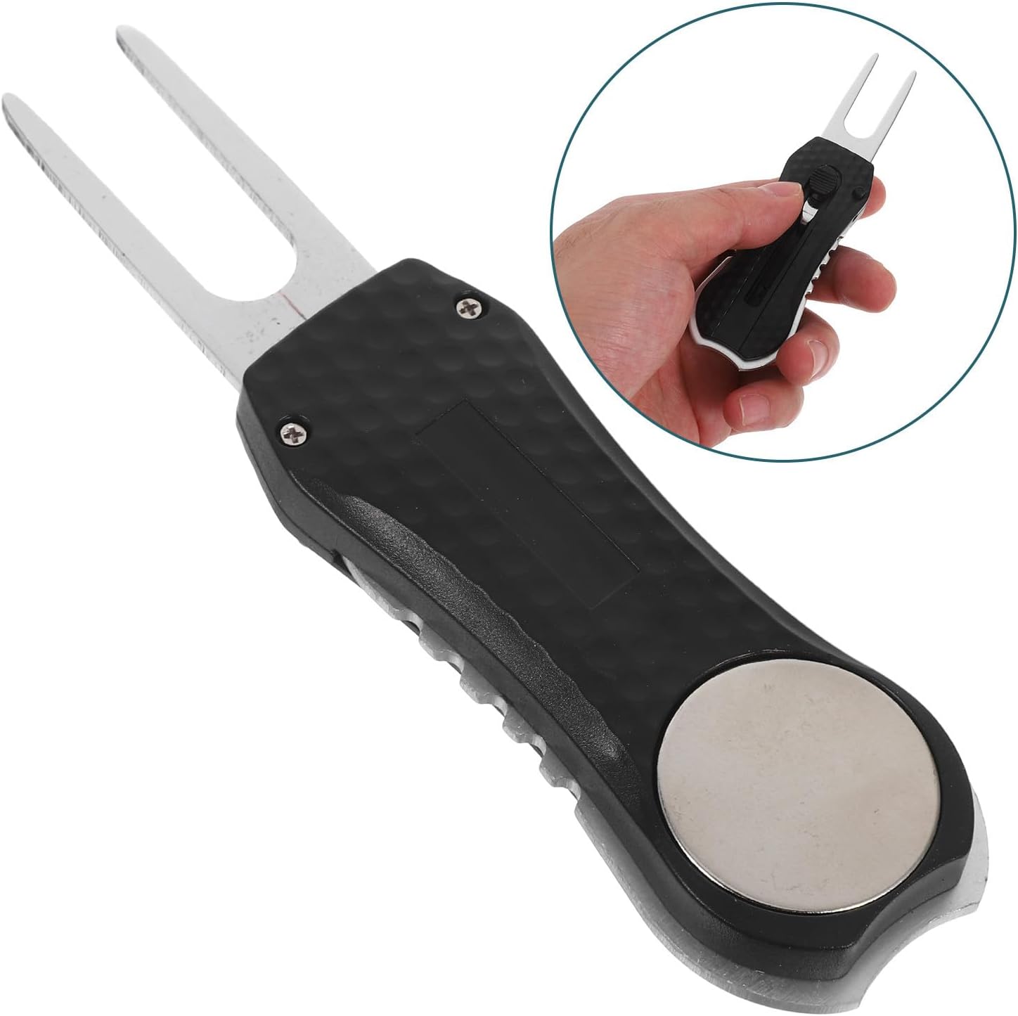 Golf Divot Repair Tool with Metal Green Fork and Compact Ball Marker Spring-Loaded Pitch Mark Fixer for Golf Green Maintenance