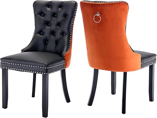 Miniatura 22 de Juego de 6 sillas de comedor marrones, sillas de comedor tapizadas con tela de lino acolchada con capitoné, con respaldo alto, ribete de tachuelas y