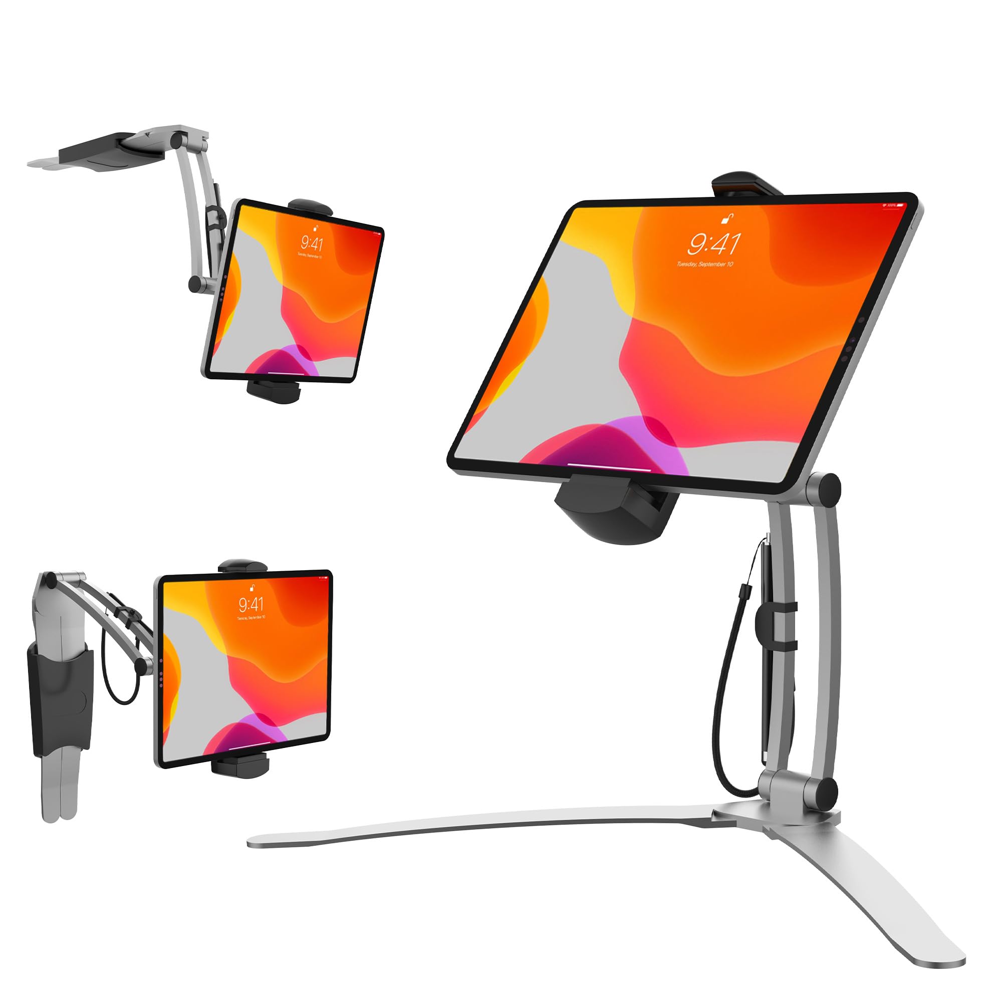 3-in-1 Mount Stand – CTA Multi-Flex Tablet Base and Support Installs on Walls or Folds for iPad 10th Gen 10.9" - 7/8/9 Gen 10.2” - Air 4 - Pro 11” - Galaxy Tab S3 - Silver (PAD-KMSB)