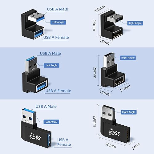 Miniatura 7 de DuHeSin Paquete de 6 adaptadores USB 3.1 de 180 grados y 90 grados, conector extensor USB A macho a hembra de ángulo izquierdo y recto para PC,