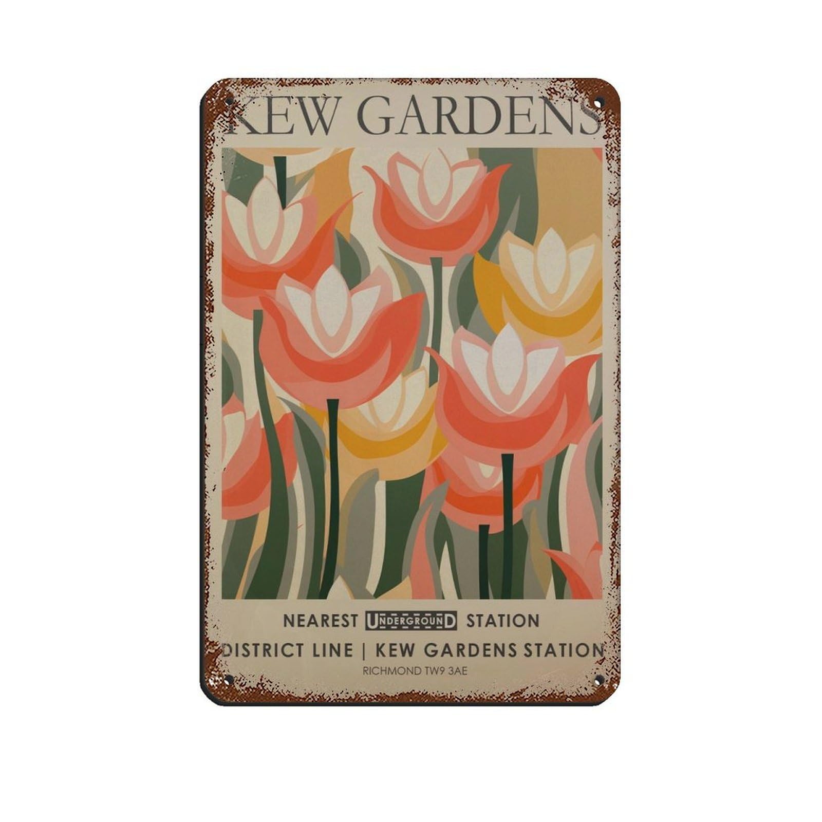 Kew Gardens, Orange Botanical Art Retro Poster Metal Tin Sign Chic Art Retro Iron Painting Bar People Cave Cafe Family Garage Poster Wall Decoration 8x12inch(20x30cm)