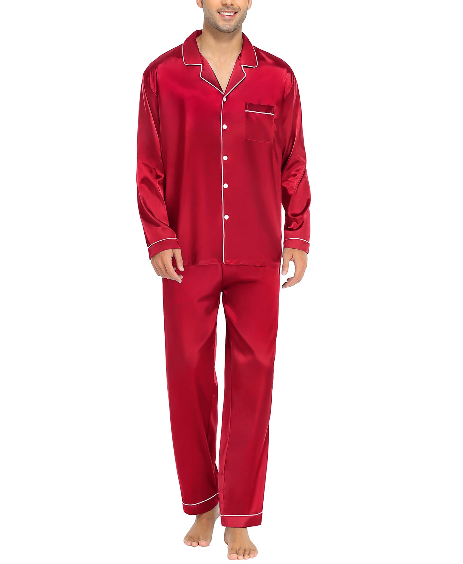 SWOMOG Herren Satin Pyjama Lang Schlafanzug mit Knopfleiste Seidensatin Zweiteiliger Nachtwäsche Hausanzug Langarm Schlafanzughose S-XXL