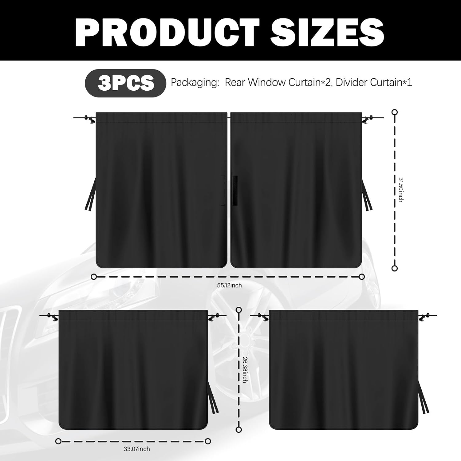3PCS Car Privacy Curtains,Black Coated Car Window Shades Kit with Rear Window & Divider Curtain,Portable Cars Windows Curtains for Privacy and Lower Interior Temperature