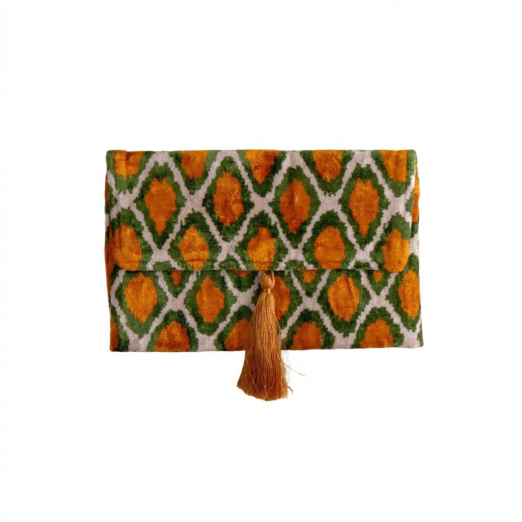 Pochette Ikat in velluto di seta fatta a mano, stile busta, design bohémien, motivo etnico, opzione cinturino a catena, pochette per feste serali, borsa premium, bianco sporco, verde, oro