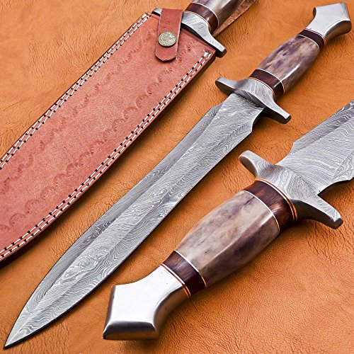 DK-4006 Handmade Damascus Steel 15.00 Inches Dagger Knife - Exotic Cammel Bone & Rose Wood Handle with Damascus Steel Gurd & SteenLess Steel Pommel